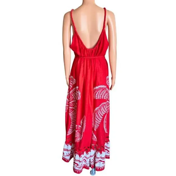 Farm Rio NWT Majestic Coconut Tree Maxi Dress Large Red Linen Blend Tropical - Picture 7 of 11